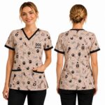 Women Dog Groomer Printed Scrub Top – Professional Pet Grooming Uniform V-Neck Smock