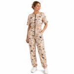 Women Dog Grooming Jumpsuit – Professional Pet Groomer Printed Scrub Uniform with Zipper